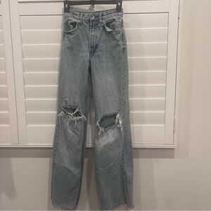 Zara, Ladies Ripped Wide Leg Jeans - Light Blue. Size:0 US